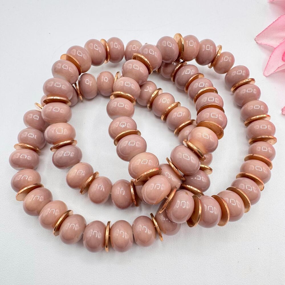 Taupe Glass Bead Stretch Bracelet Stack Of 3 Gold Tone Spacers One Size Fits All